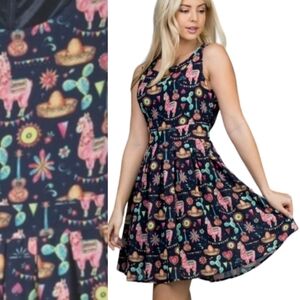 LA Soul Fiesta Llama Print Dress Sleeveless Fit N Flare Tie Waist Multicolor S
